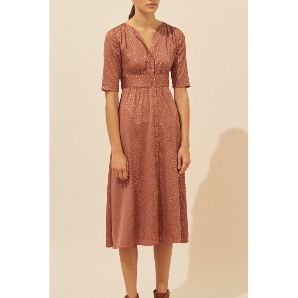 BA&SH Gala Foil‎ Print Midi Dress In Rose Pink Size XS